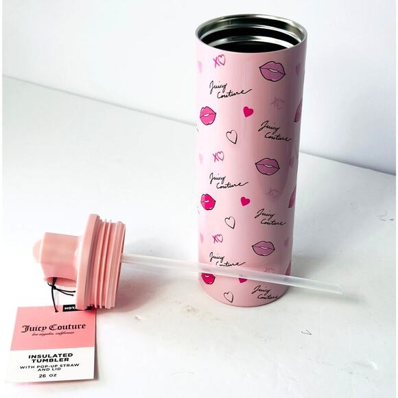 Juicy Couture Tumbler PINK Insulated 26oz - XO Hearts & Lips - Pop-Up Straw Lid - Picture 2 of 3